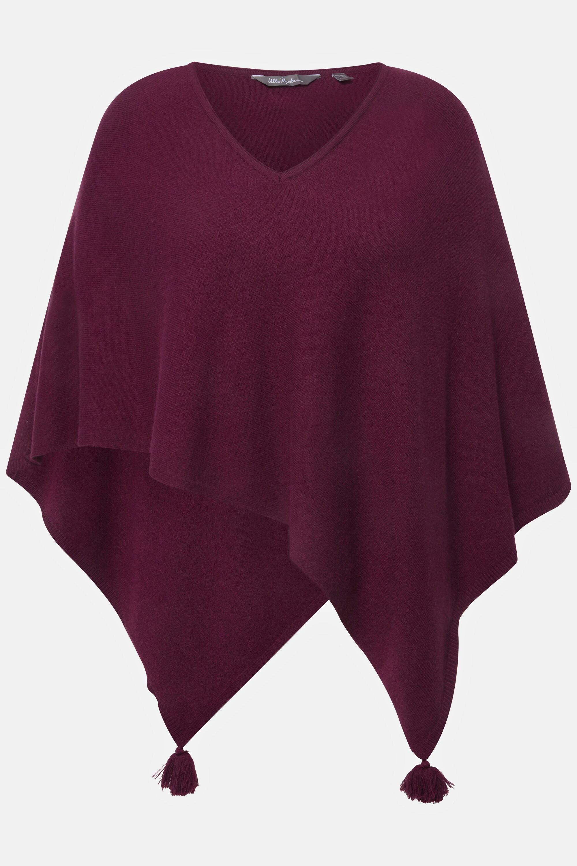 Ulla Popken  Poncho en maille, finition en pointe, pompon, col en V, sans manches 