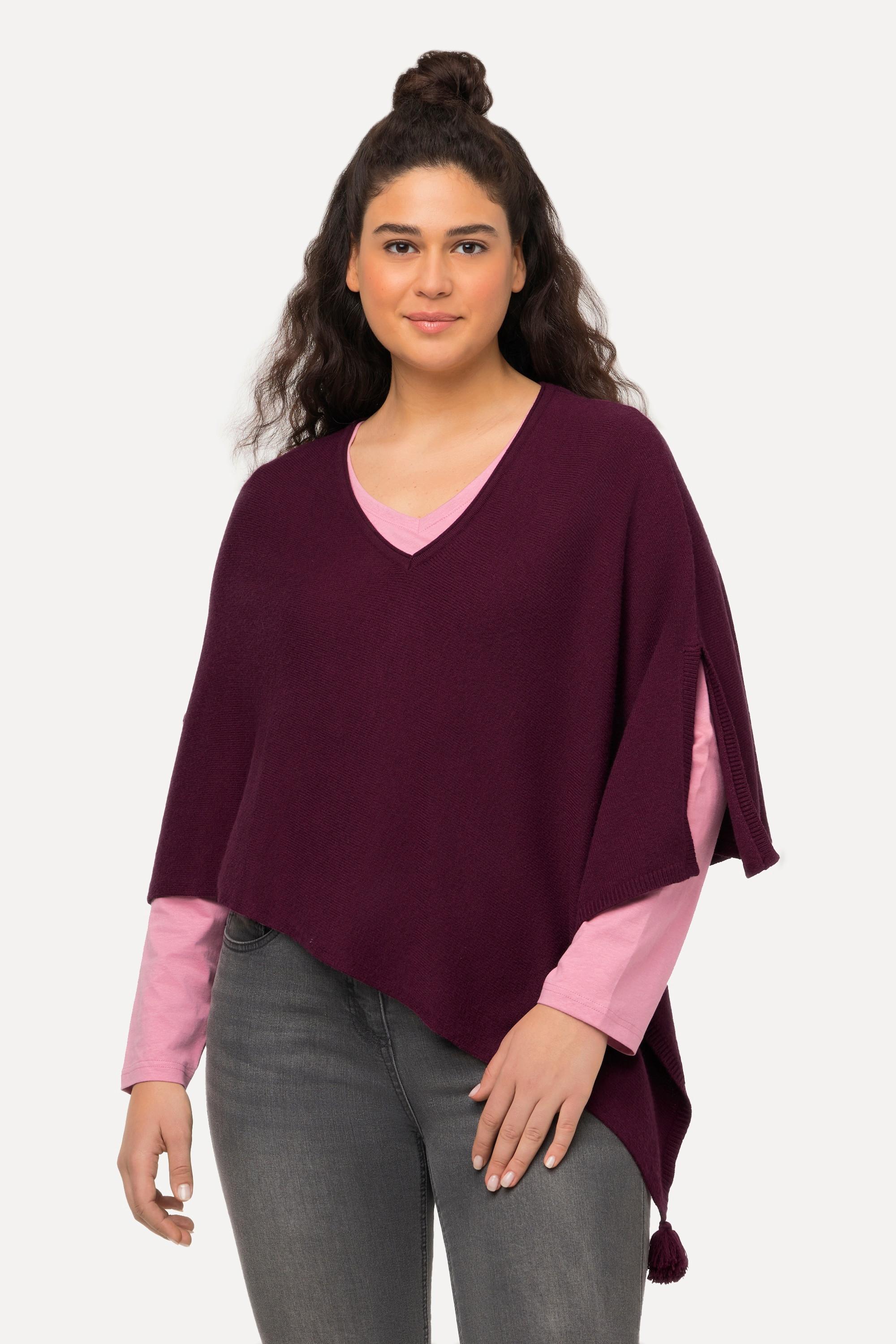 Ulla Popken  Poncho en maille, finition en pointe, pompon, col en V, sans manches 