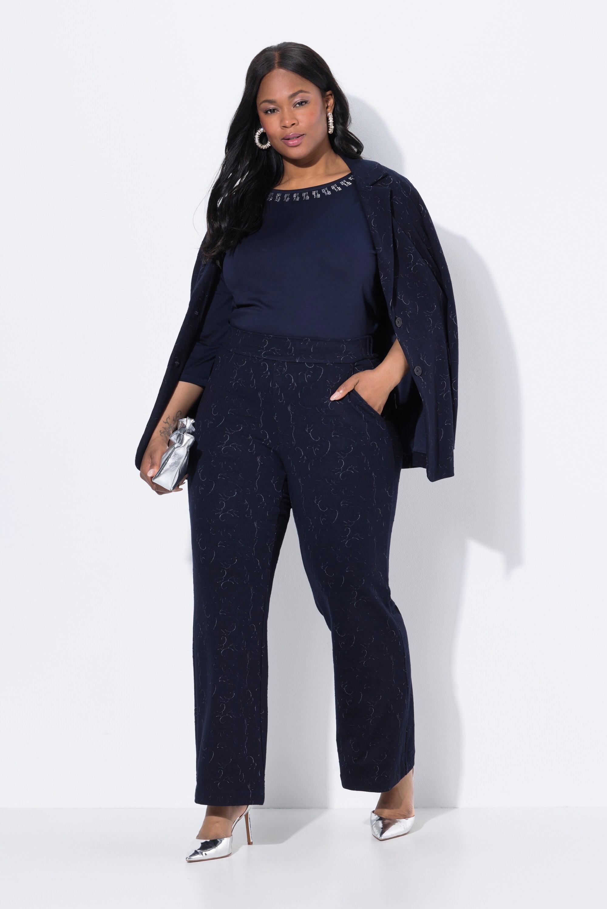 Ulla Popken Jacquard Jersey Gamba Dritta Larga Pantaloni Vita Elastica  