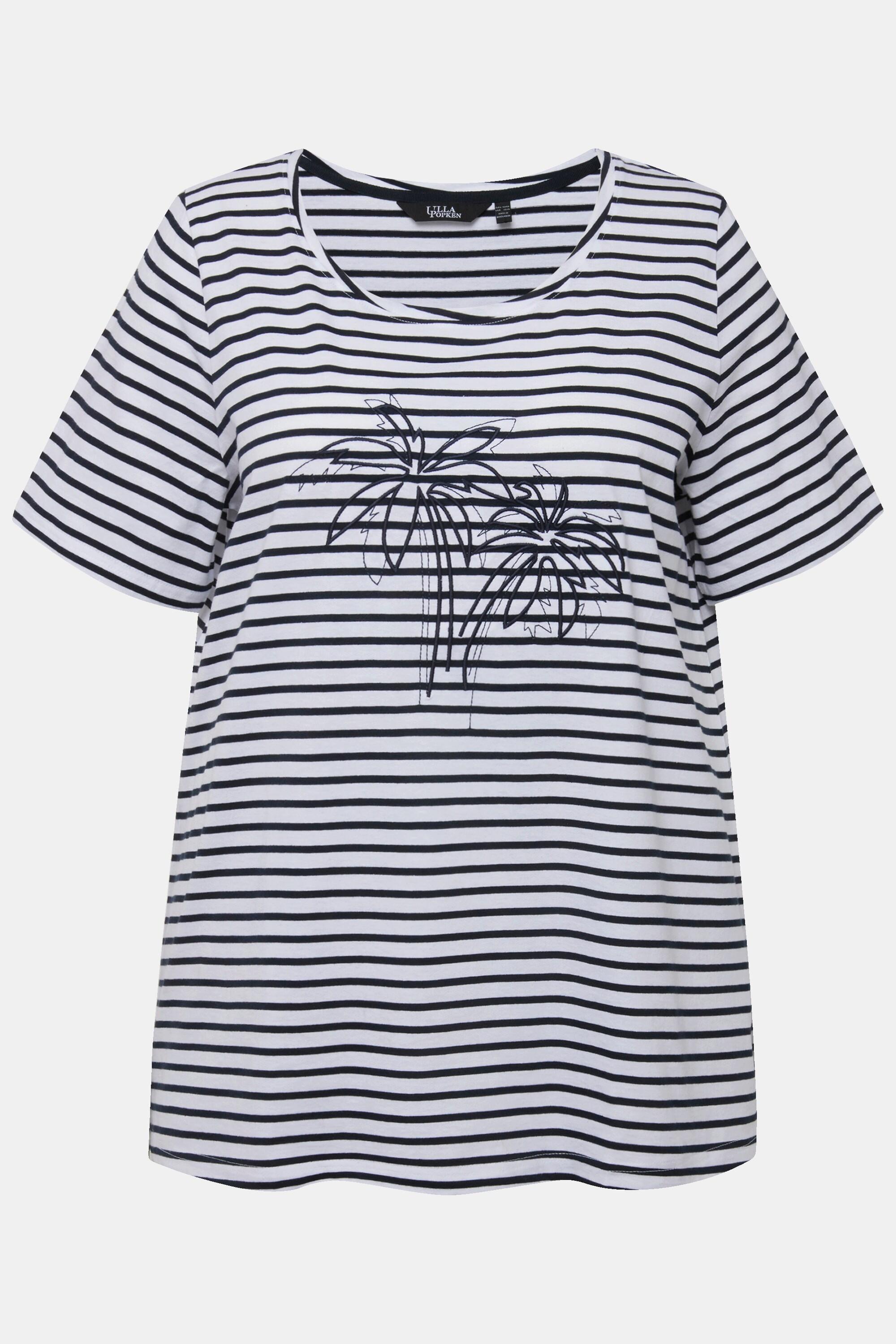 Ulla Popken  T-shirt a righe con palme, scollo a girocollo e mezze maniche 