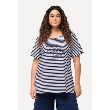 T-shirt a righe con palme, scollo a girocollo e mezze maniche