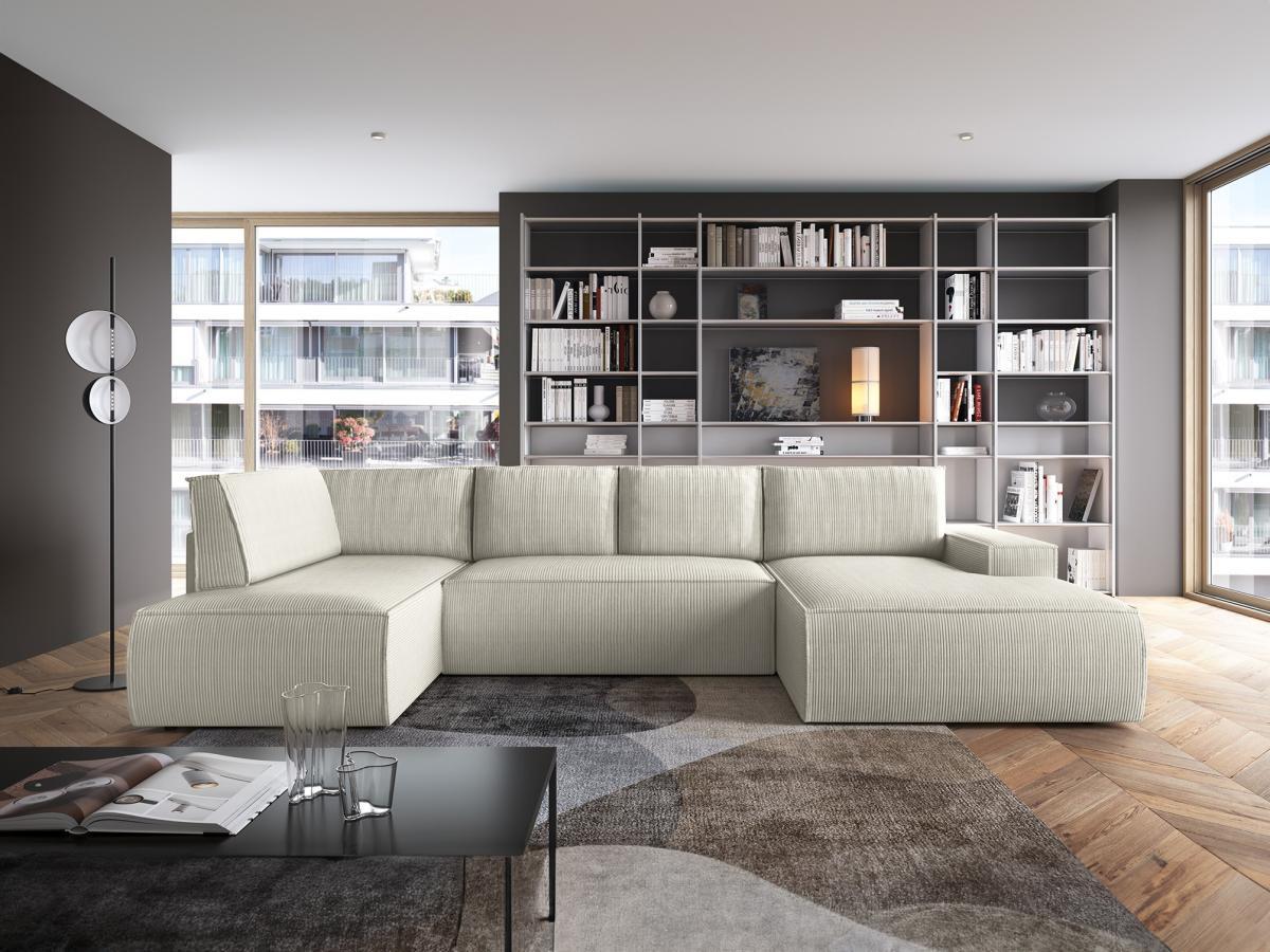 Vente-unique Große Wohnlandschaft - Ecke rechts - Mit Schlaffunktion - Cord - Beige - AMELIA  