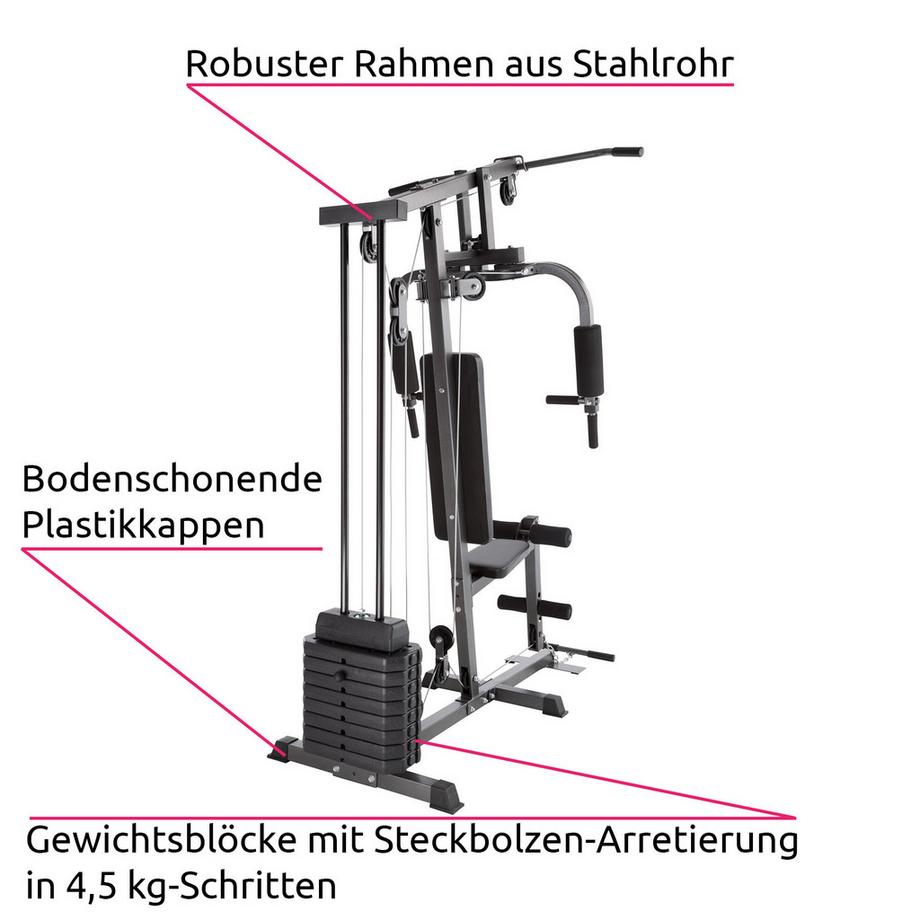 Tectake  Kraftstation Arnie mit Butterfly- und Beinstreckermodul Latzugstange und Seilzug 