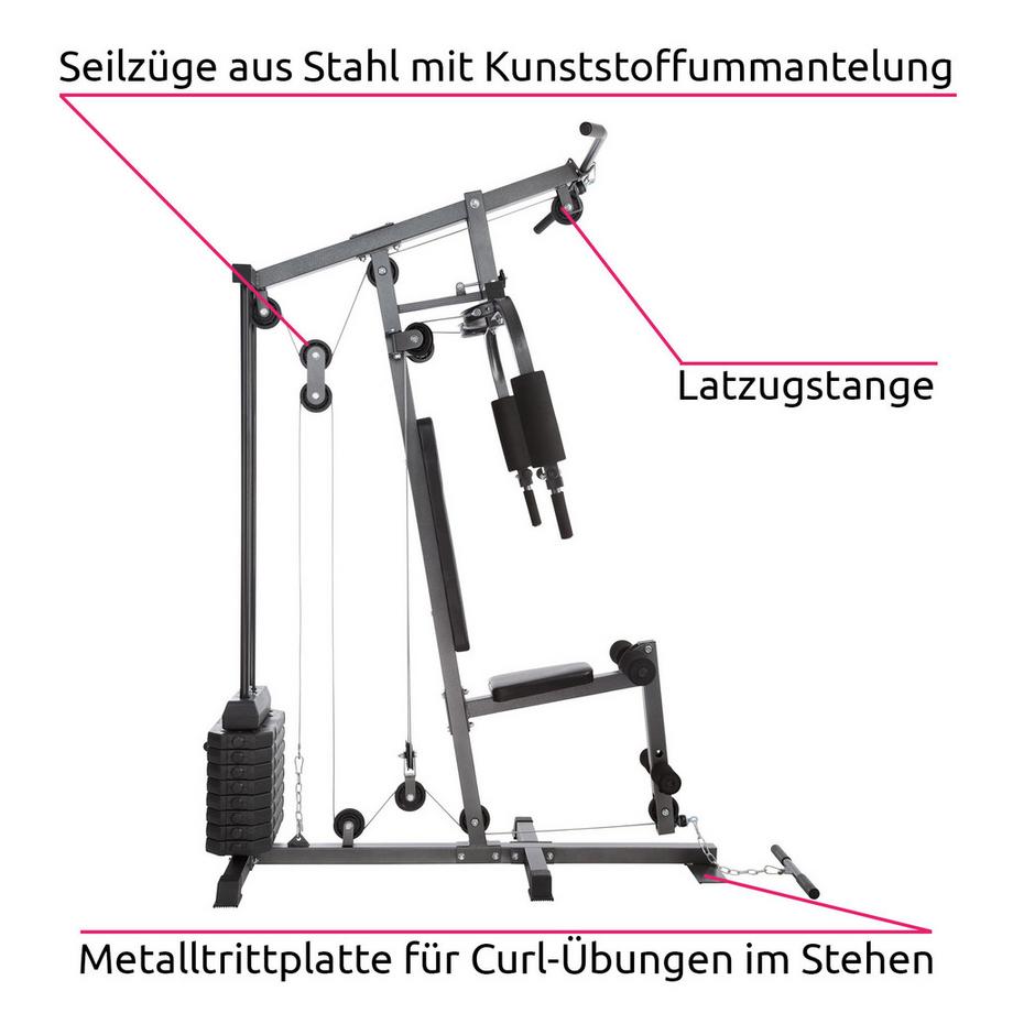 Tectake  Kraftstation Arnie mit Butterfly- und Beinstreckermodul Latzugstange und Seilzug 