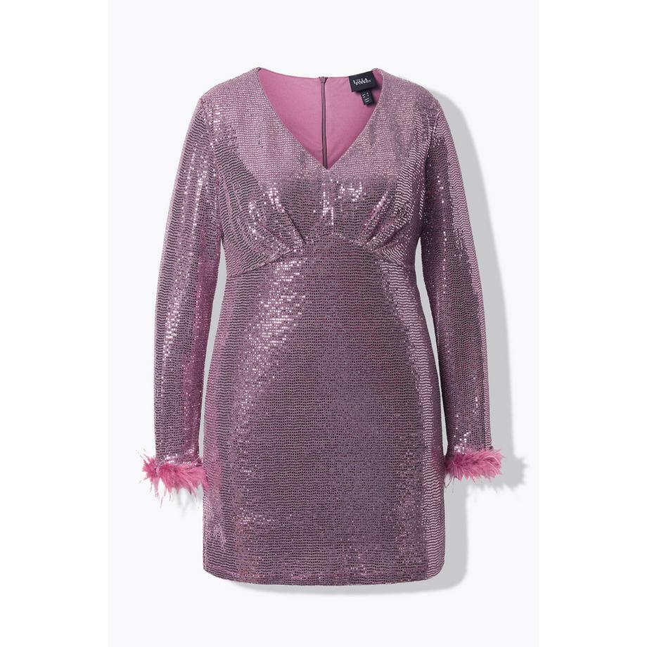 Ulla Popken Bodycon Pailletten V-Ausschnitt Langarm Federkleid  