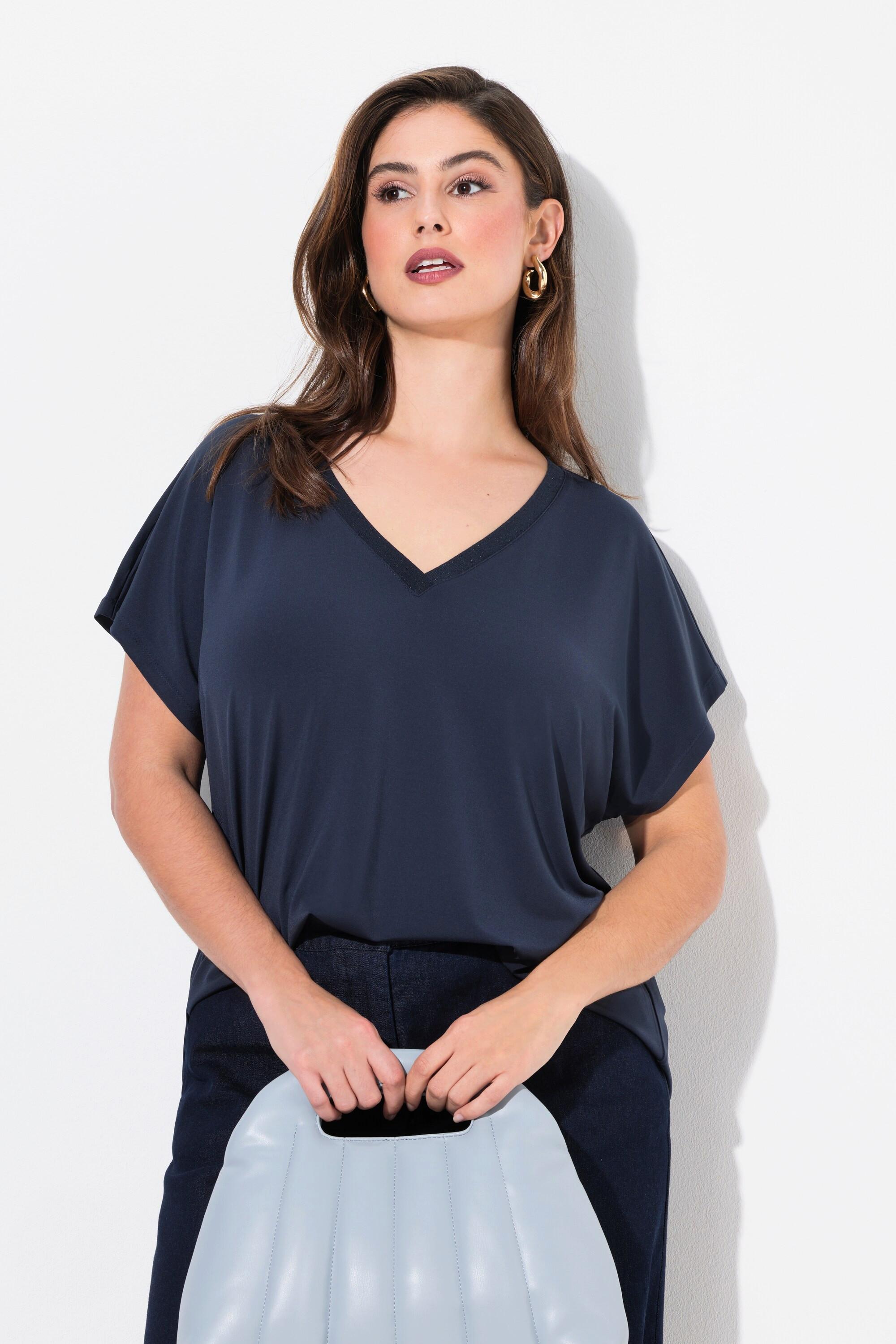 Ulla Popken  T-Shirt, Oversized, Glitzer-V-Ausschnitt, Halbarm 