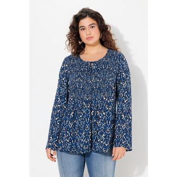 Bluse, gesmokt, Rundhals, ausgestellter Langarm