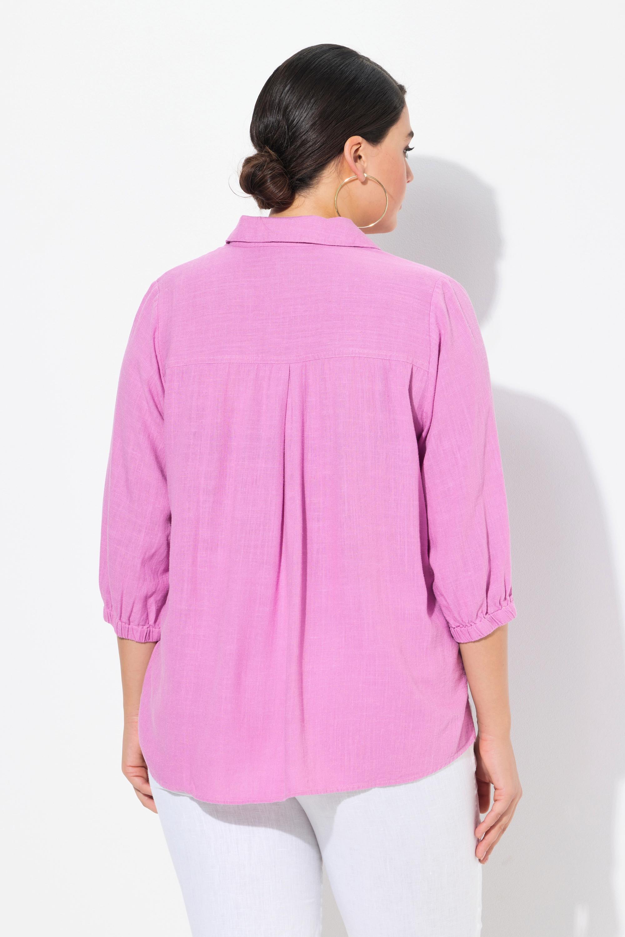 Ulla Popken Tunica Misto Lino Taglio Svasato Collo Camicia Maniche 3/4  