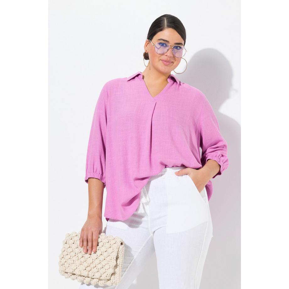 Ulla Popken Tunique Lin Mélangé Coupe Évasée Col Chemise Manches 3/4  