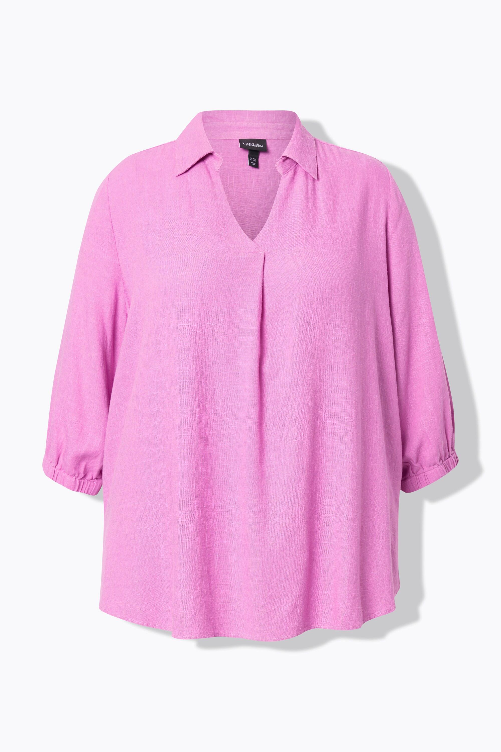 Ulla Popken Tunica Misto Lino Taglio Svasato Collo Camicia Maniche 3/4  