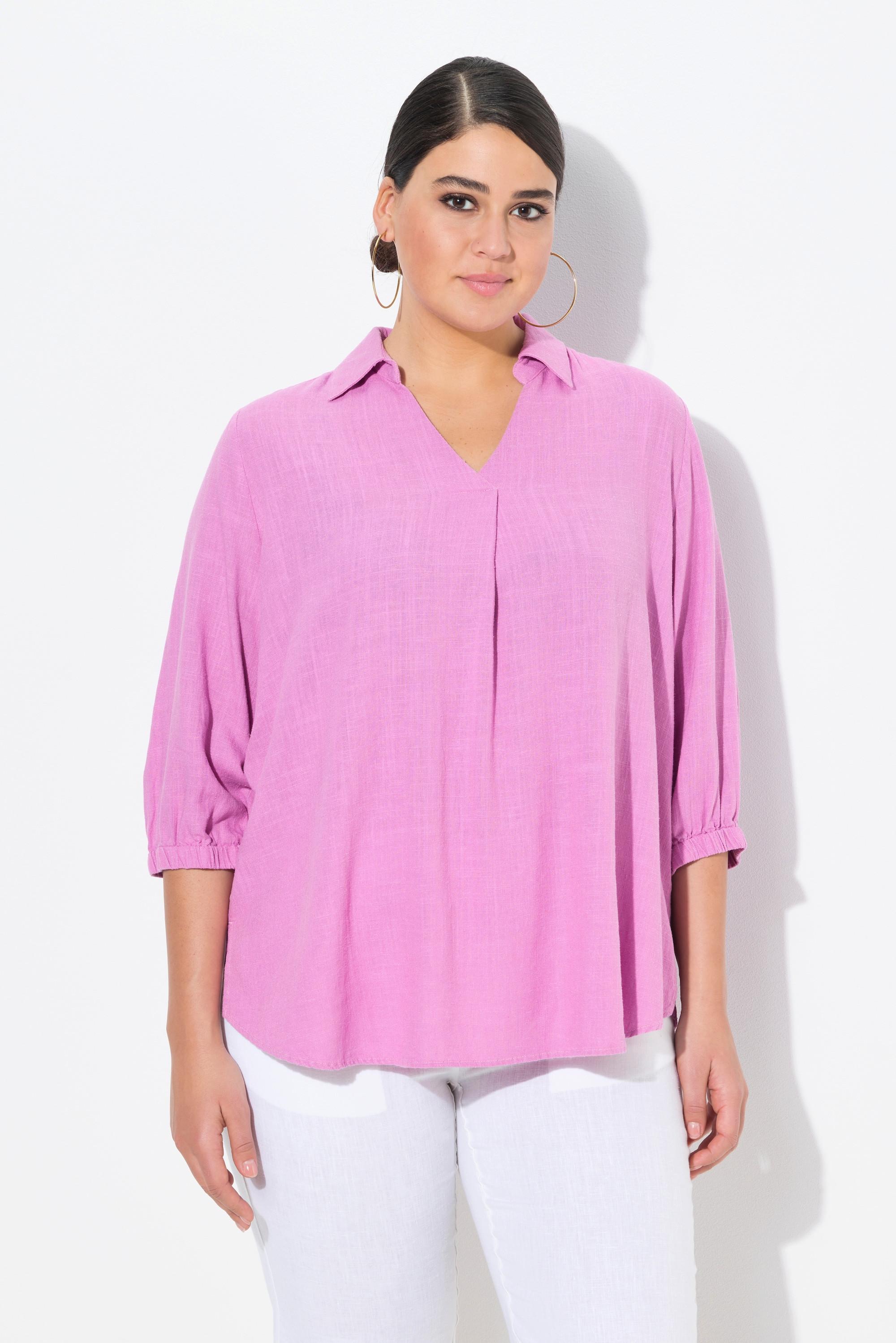 Ulla Popken Tunica Misto Lino Taglio Svasato Collo Camicia Maniche 3/4  