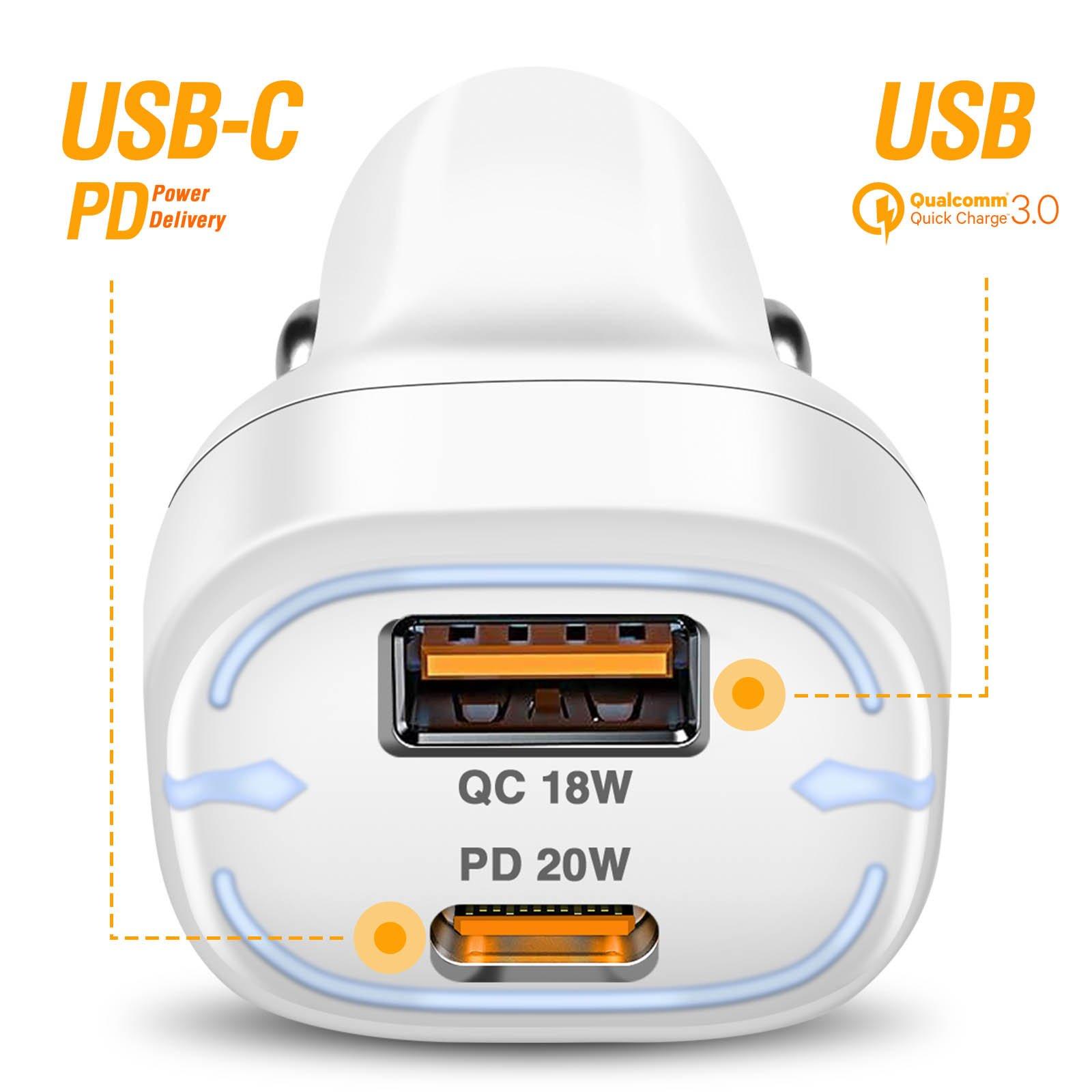 Avizar  Chargeur Voiture USB + USB C LinQ Blanc 