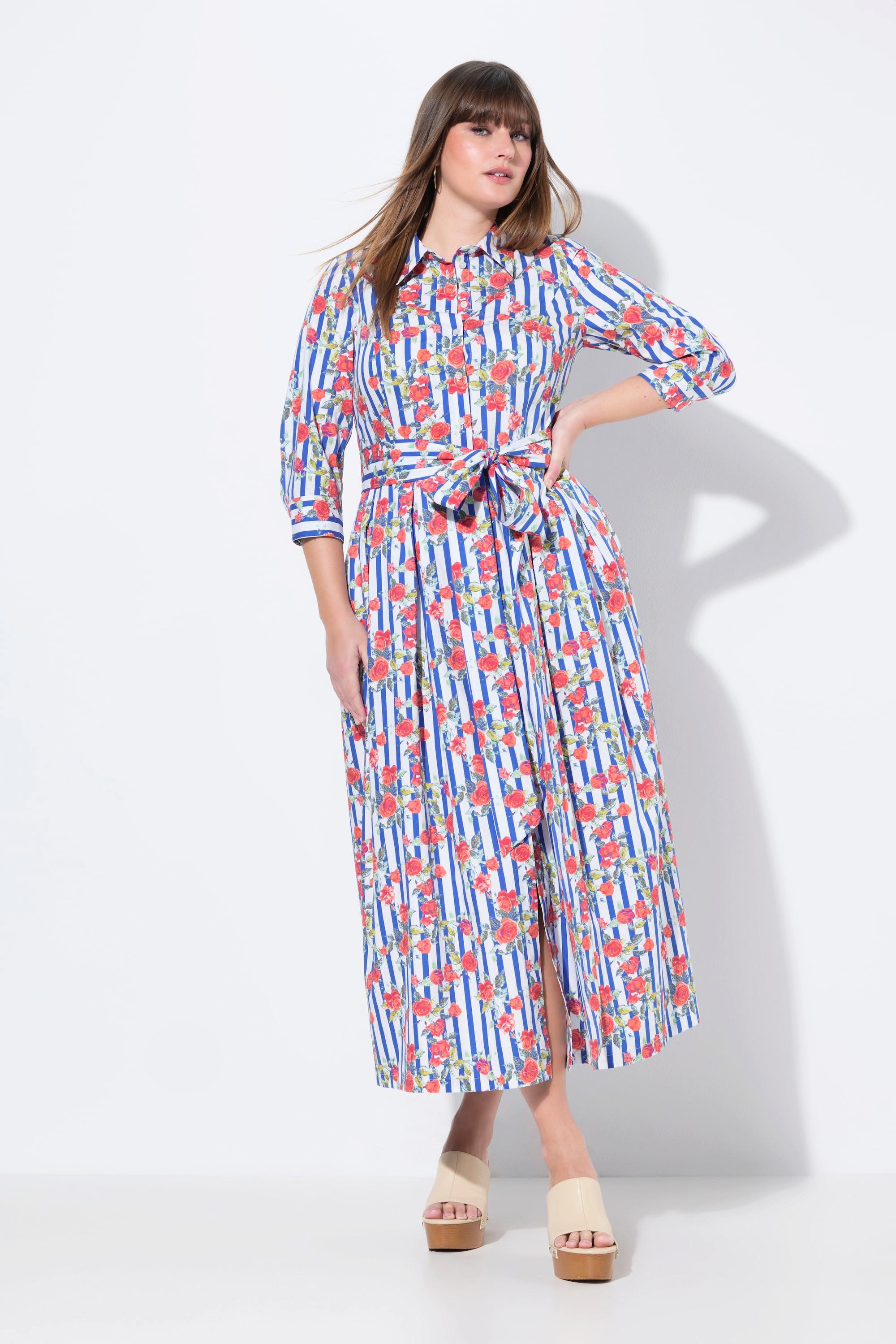 Ulla Popken  Robe chemisier motif à fleurs, col chemise et manches 3/4, coupe évasée 