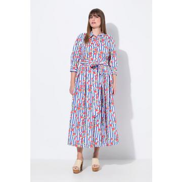 Robe chemisier motif à fleurs, col chemise et manches 3/4, coupe évasée