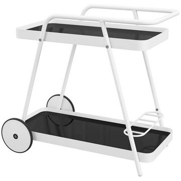 Outdoor Servierwagen 2-Stöckiger Rollwagen Mit Weinregal, Stahlrahmen, Schwarz+Weiß, 86,5X51X78Cm