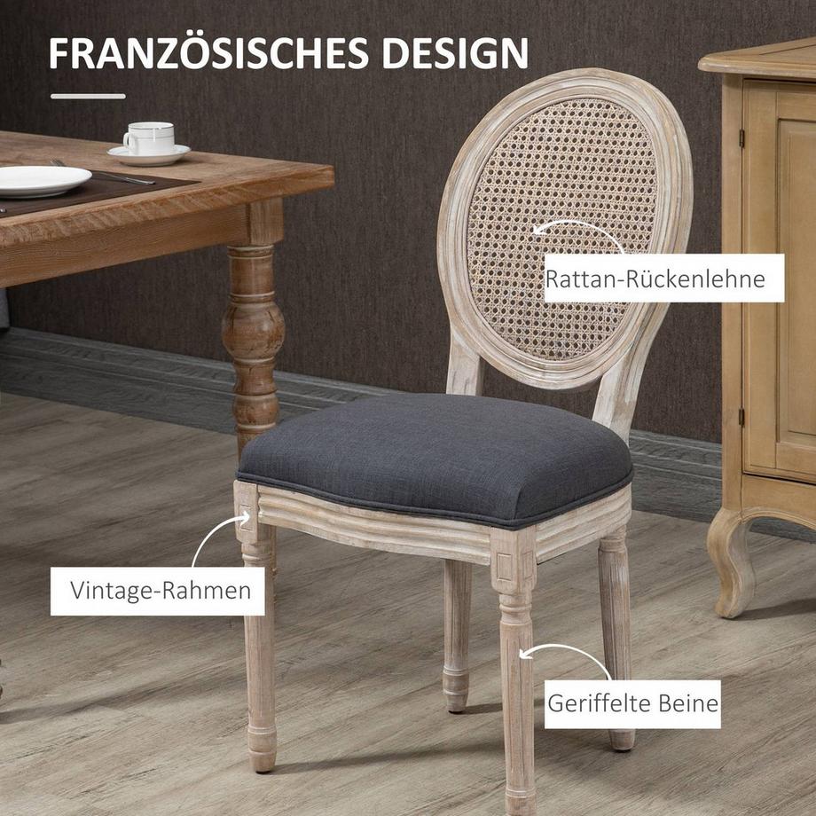 Northio Esszimmerstühle 2Er Set Küchenstuhl Rattan Rückenlehne Leinenoptik Polsterstuhl Grau  