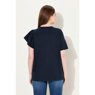 Ulla Popken  T-shirt in cotone biologico con volant, scollo a girocollo e mezze maniche 