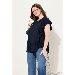 Ulla Popken  T-shirt in cotone biologico con volant, scollo a girocollo e mezze maniche 