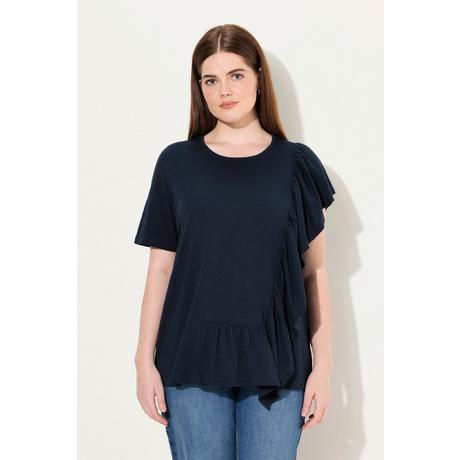 Ulla Popken  T-shirt in cotone biologico con volant, scollo a girocollo e mezze maniche 