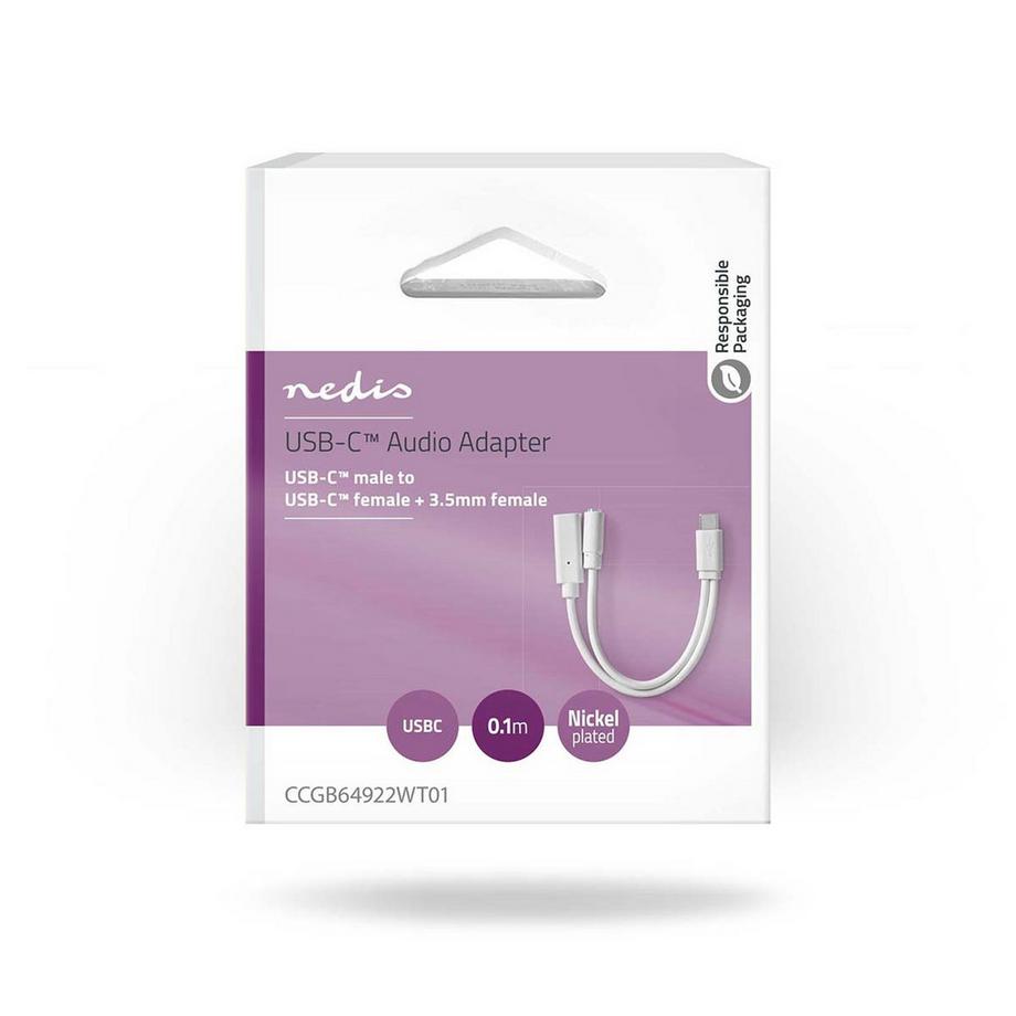 Nedis  Adaptateur USB-C™ | USB 2.0 | USB-C™ mâle | USB-C™ femelle / 3.5 mm femelle | 0.10 m | Rond | Nickelé | PVC | Blanc | Boîte 