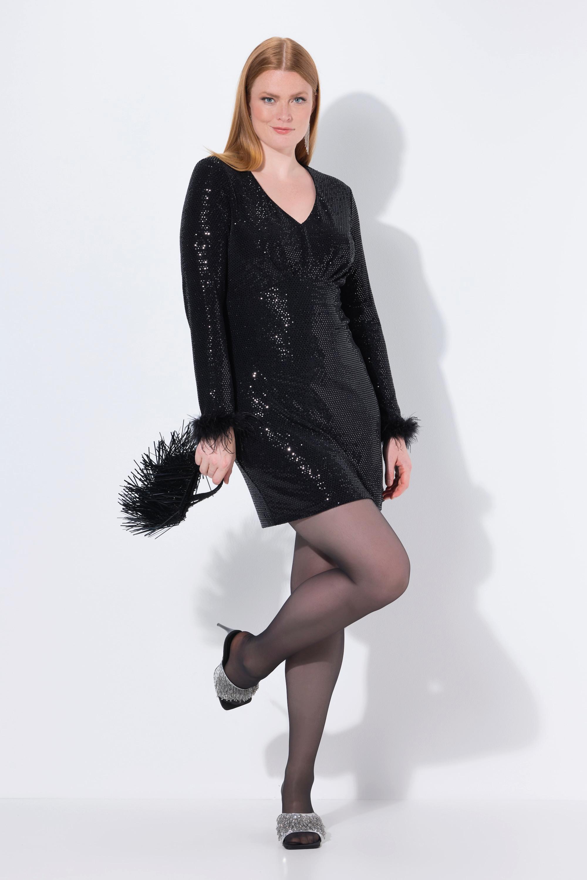 Ulla Popken Bodycon Pailletten V-Ausschnitt Langarm Kleid mit Federn  