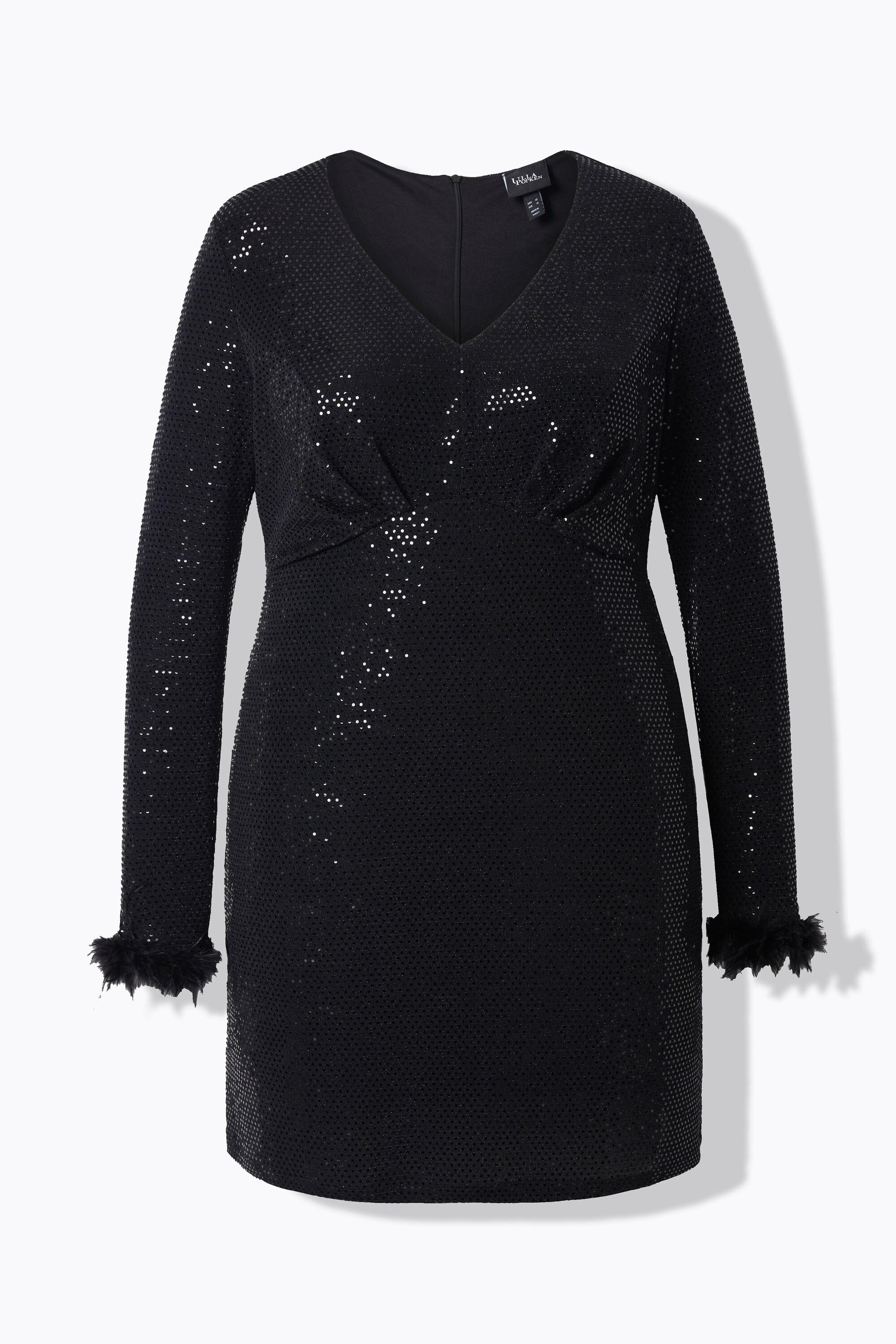 Ulla Popken Bodycon Pailletten V-Ausschnitt Langarm Kleid mit Federn  