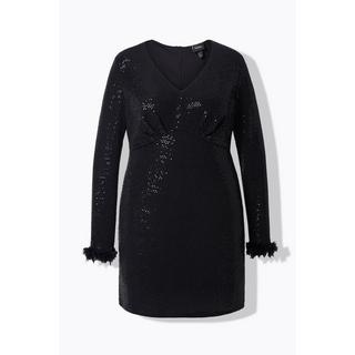 Ulla Popken Bodycon Pailletten V-Ausschnitt Langarm Kleid mit Federn  