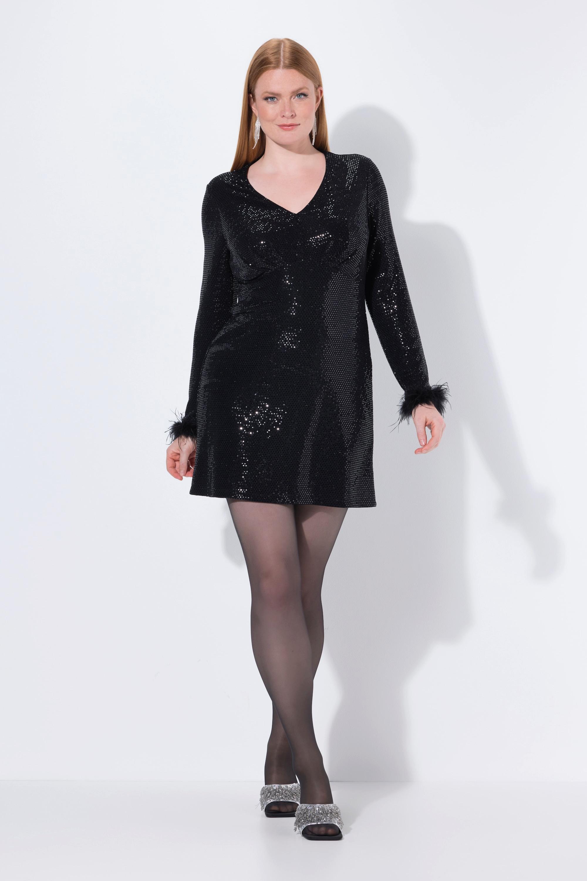 Ulla Popken Bodycon Pailletten V-Ausschnitt Langarm Kleid mit Federn  