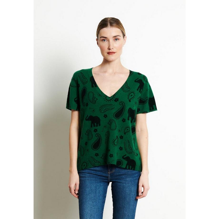 RIA 6 T shirt col V imprimé éléphant - 100% cachemire