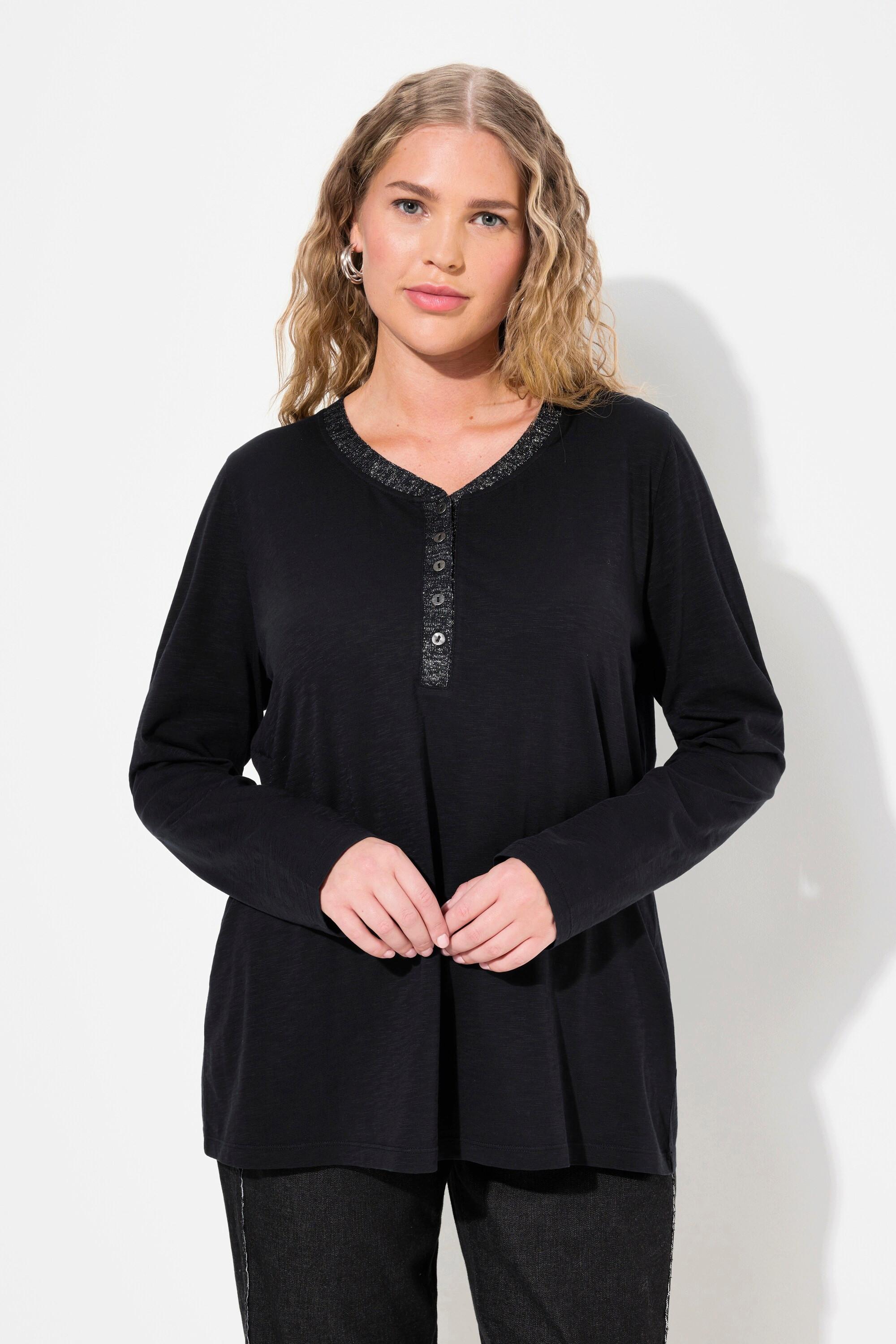 Ulla Popken  Shirt, Glitzer-Knopfleiste, V-Ausschnitt, Langarm 