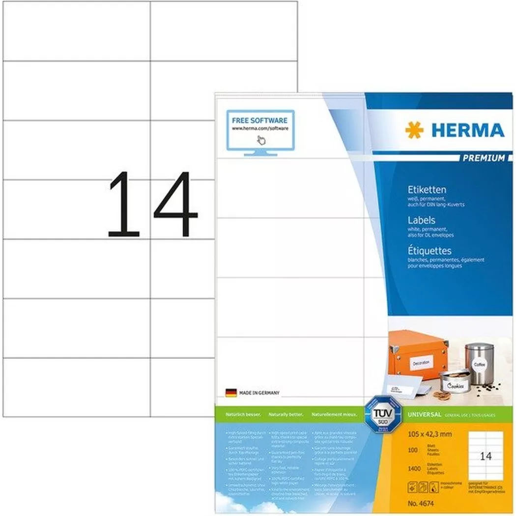 HERMA – Universal-Etiketten 105×42,3mm 4674 weiss 1400 St./100 Blatt, One Size
