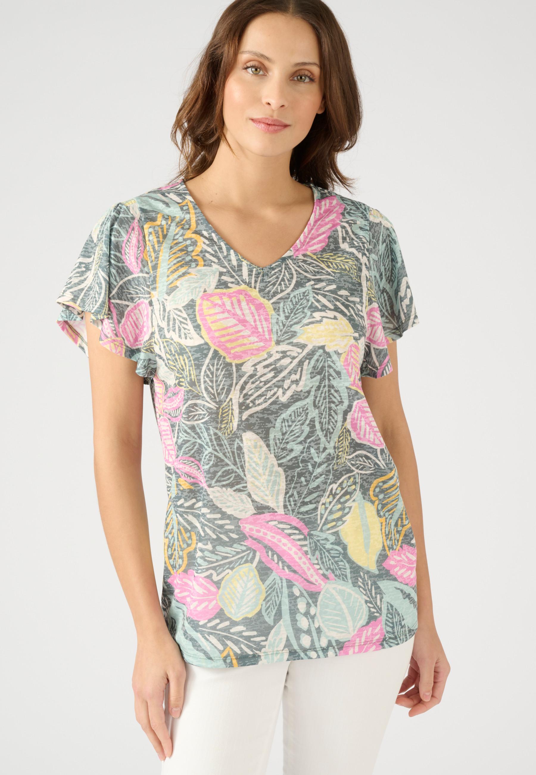 Damart  Tee-shirt maille dévorée, imprimé coloré actuel, détail smocké sur les épaules, manches papillon. 