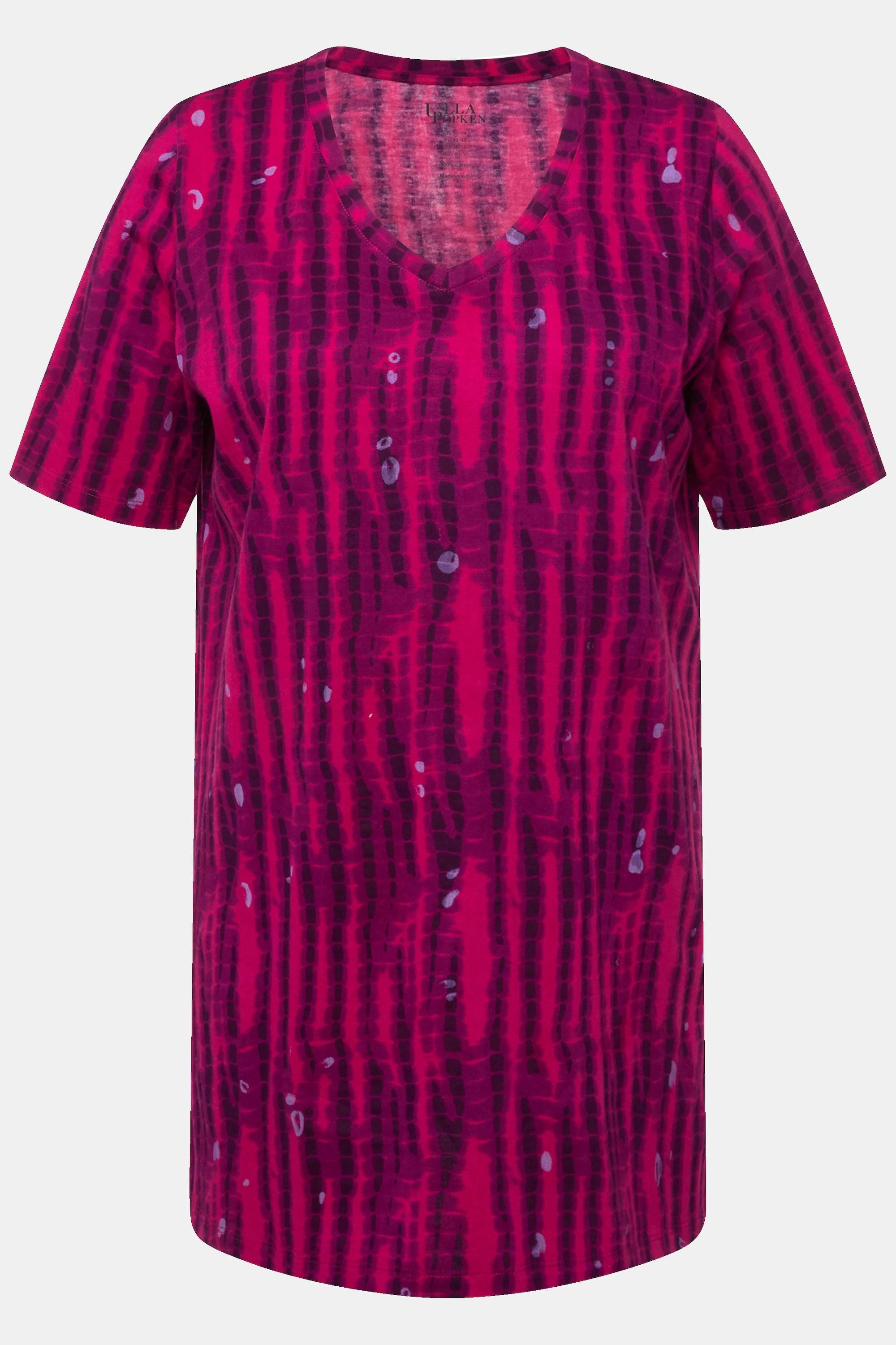 Ulla Popken  T-shirt long à manches courtes et col V, motifs inspirés du style Batik. Ligne A 