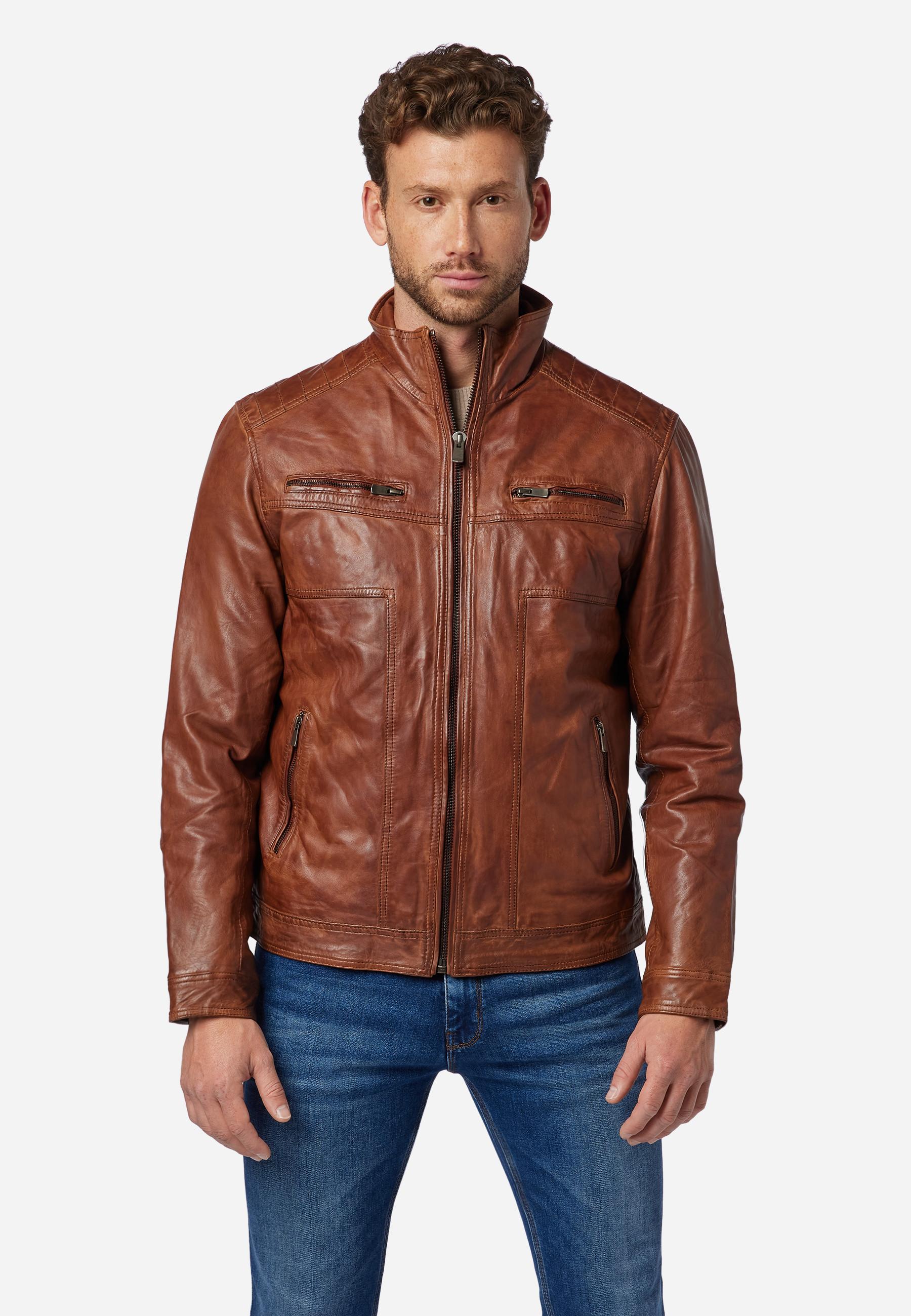 RICANO  Veste en cuir pour homme Albert - Style classique avec col montant 