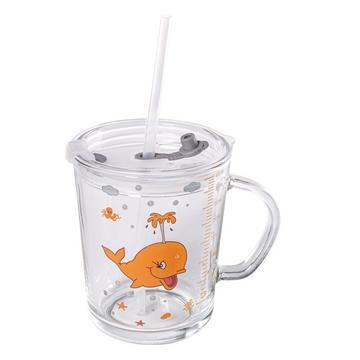 Intirilife Kinder Trinkbecher transparent mit Deckel, Skala und Strohhalm mit Wal Design