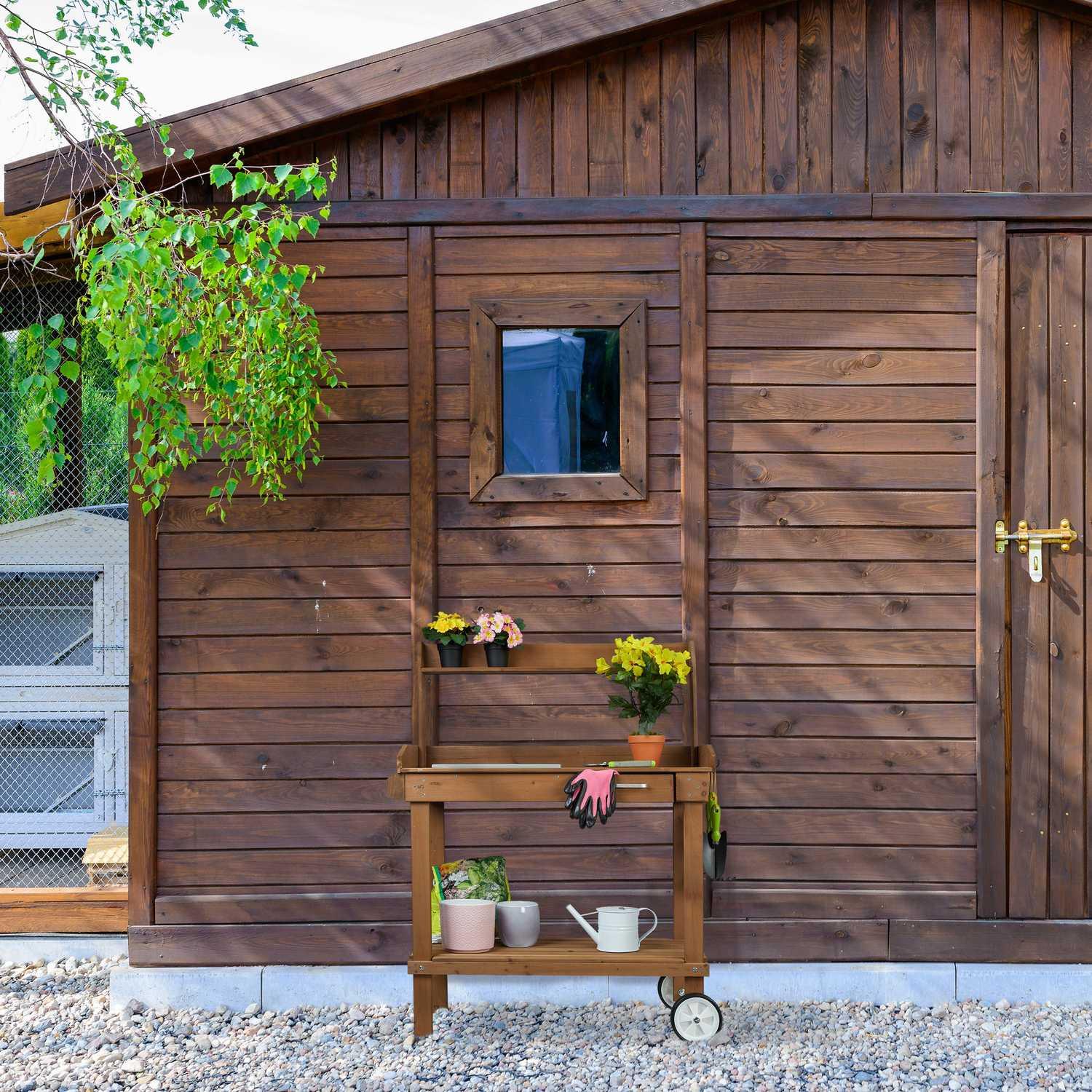 B2X Table jardinière marron à roulettes  