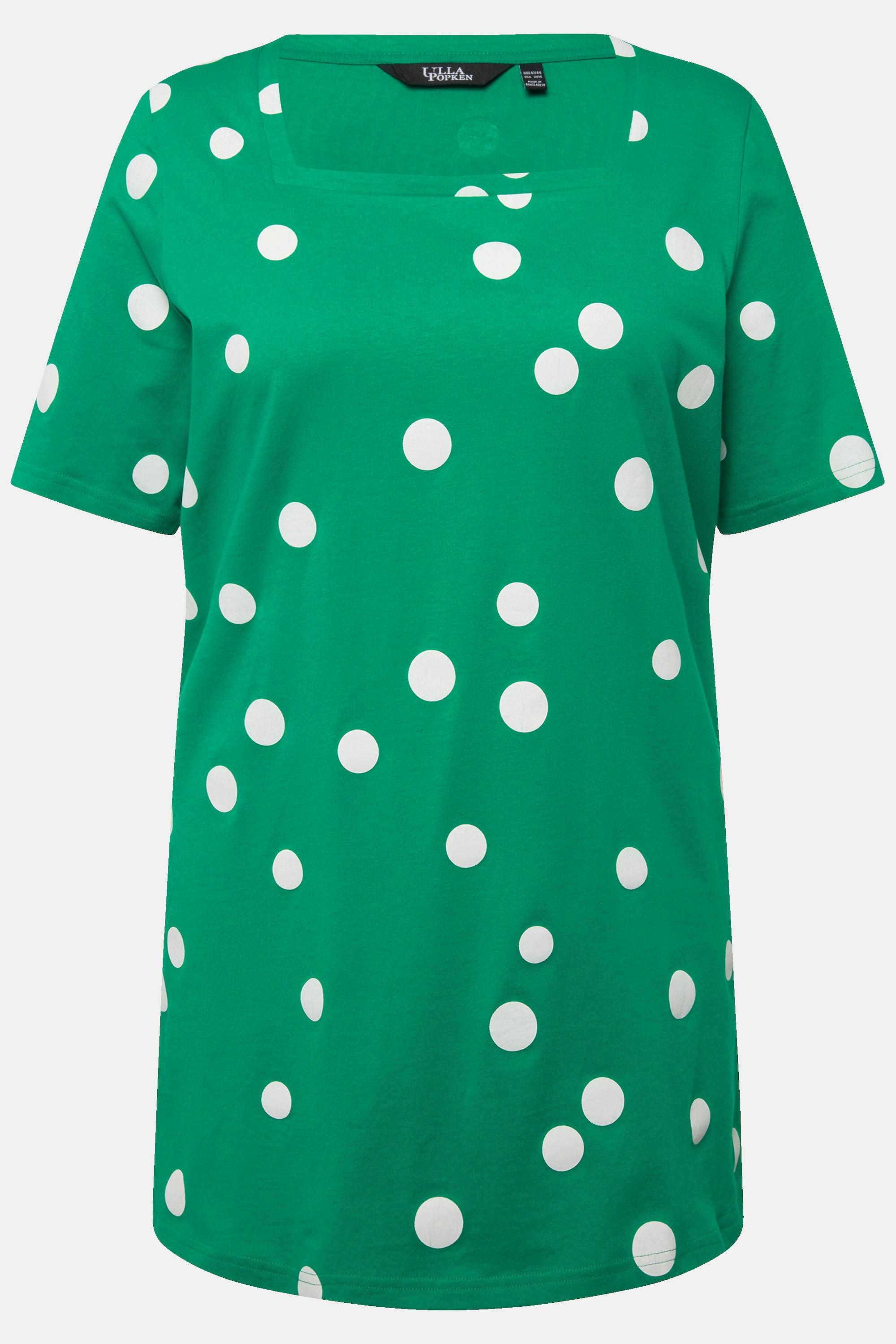 Ulla Popken  T-shirt long à pois, ligne A, décolleté carré et manches courtes 