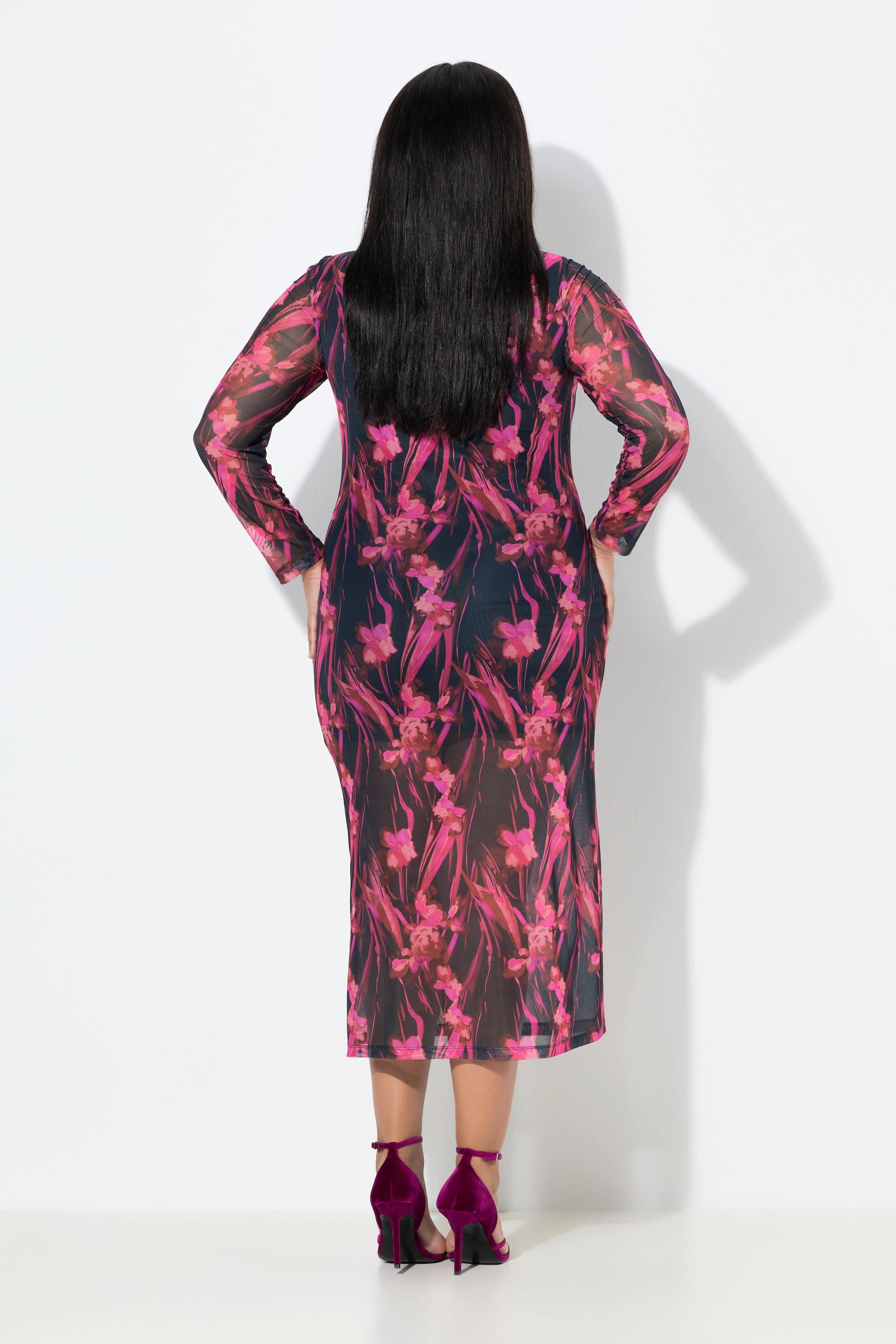 Ulla Popken Mesh Maxikleid Raffung Rundhals Langarm  