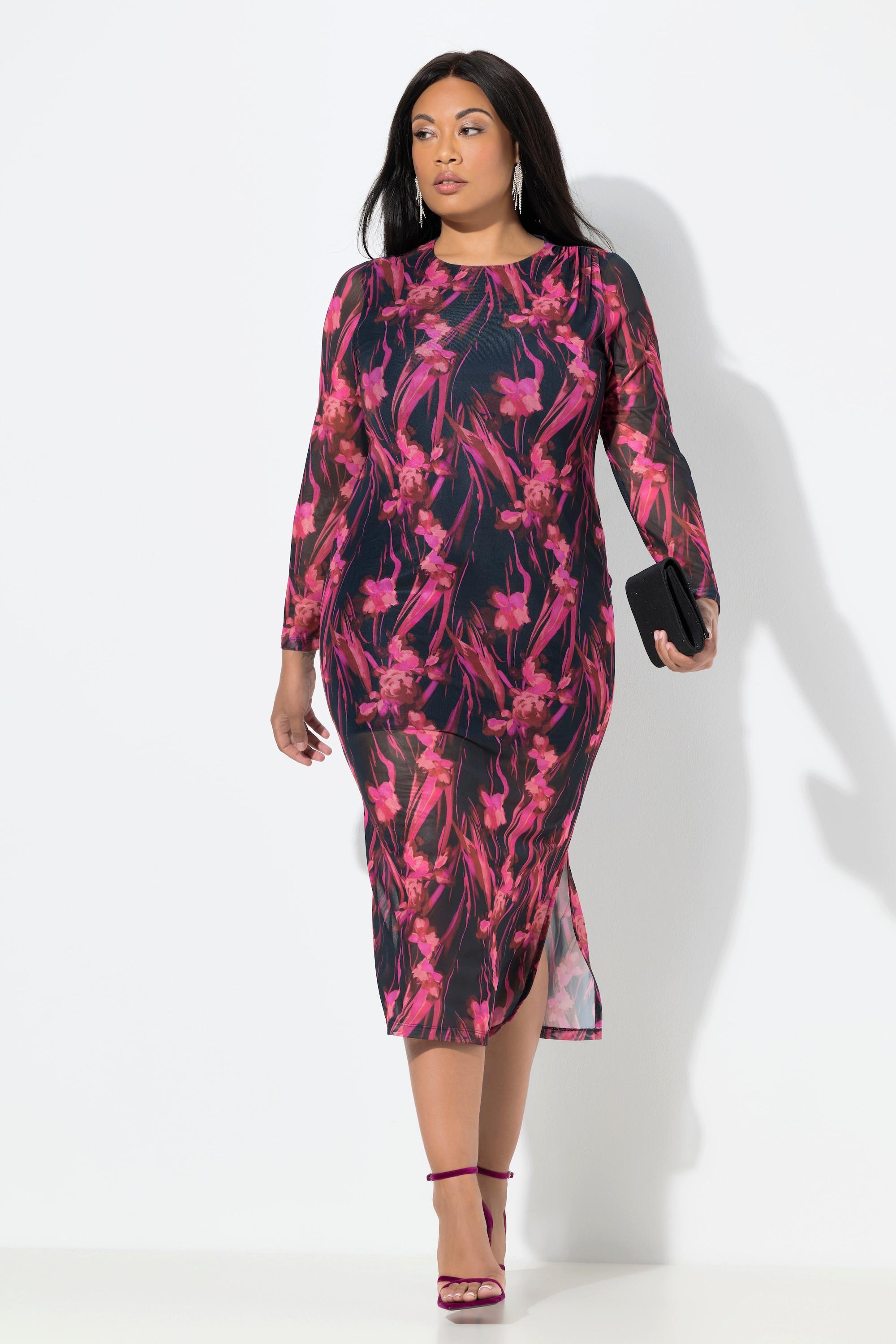 Ulla Popken Mesh Maxikleid Raffung Rundhals Langarm  