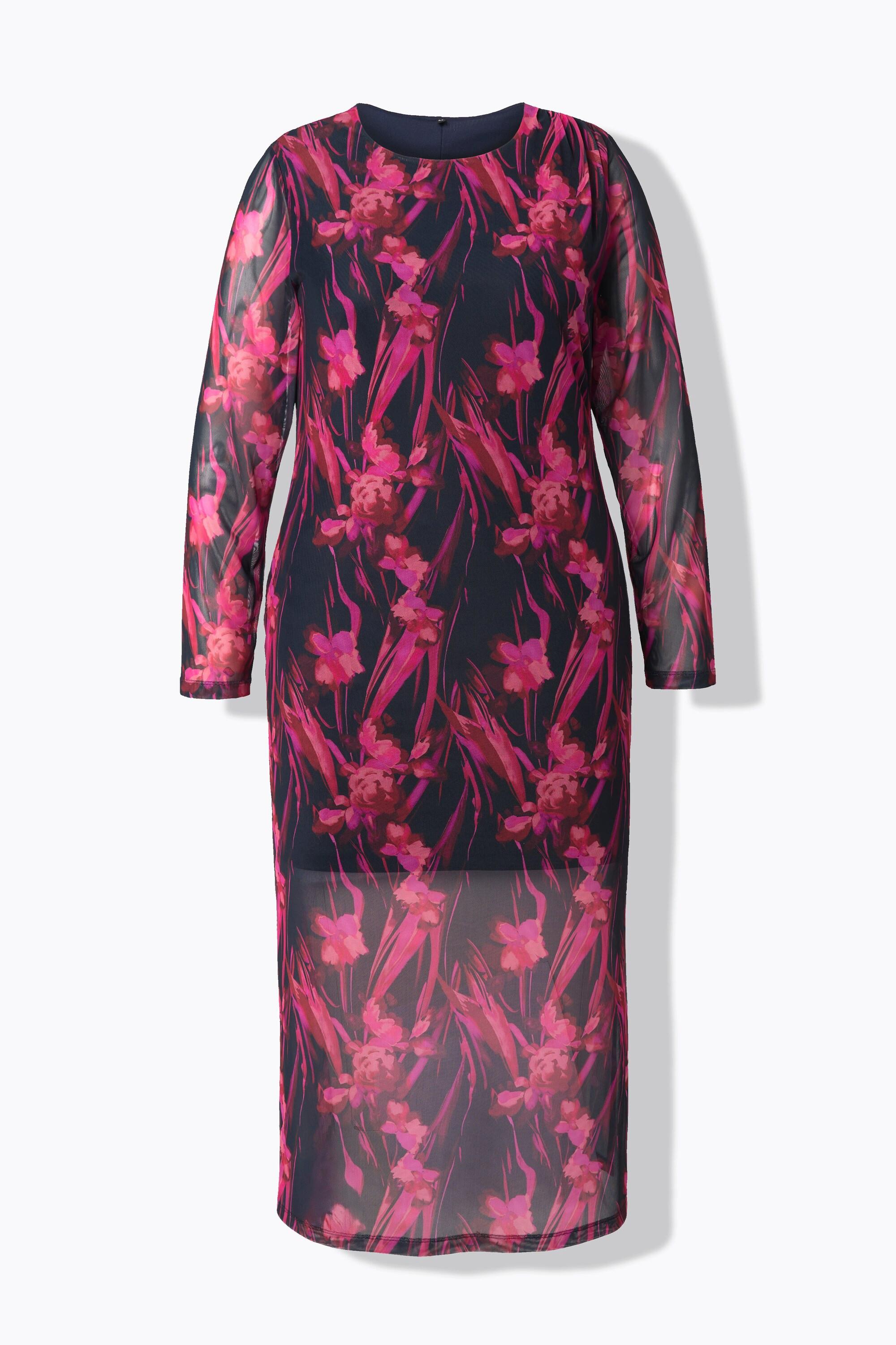 Ulla Popken Mesh Maxikleid Raffung Rundhals Langarm  