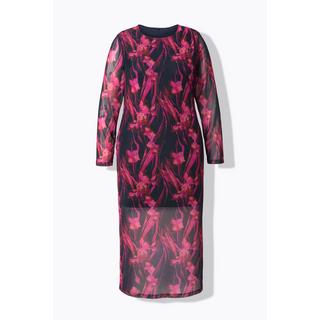 Ulla Popken Mesh Maxikleid Raffung Rundhals Langarm  