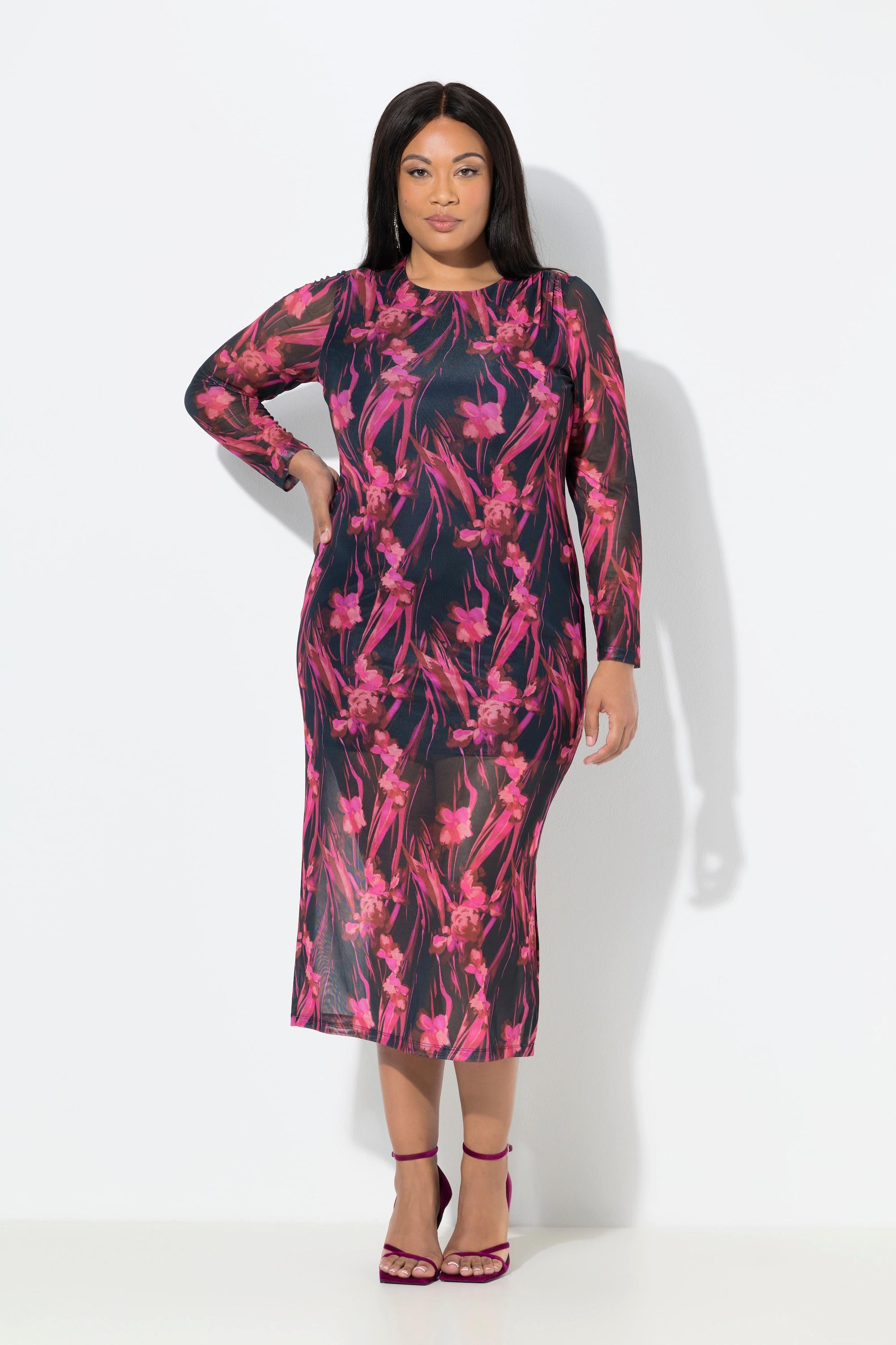 Ulla Popken Mesh Maxikleid Raffung Rundhals Langarm  