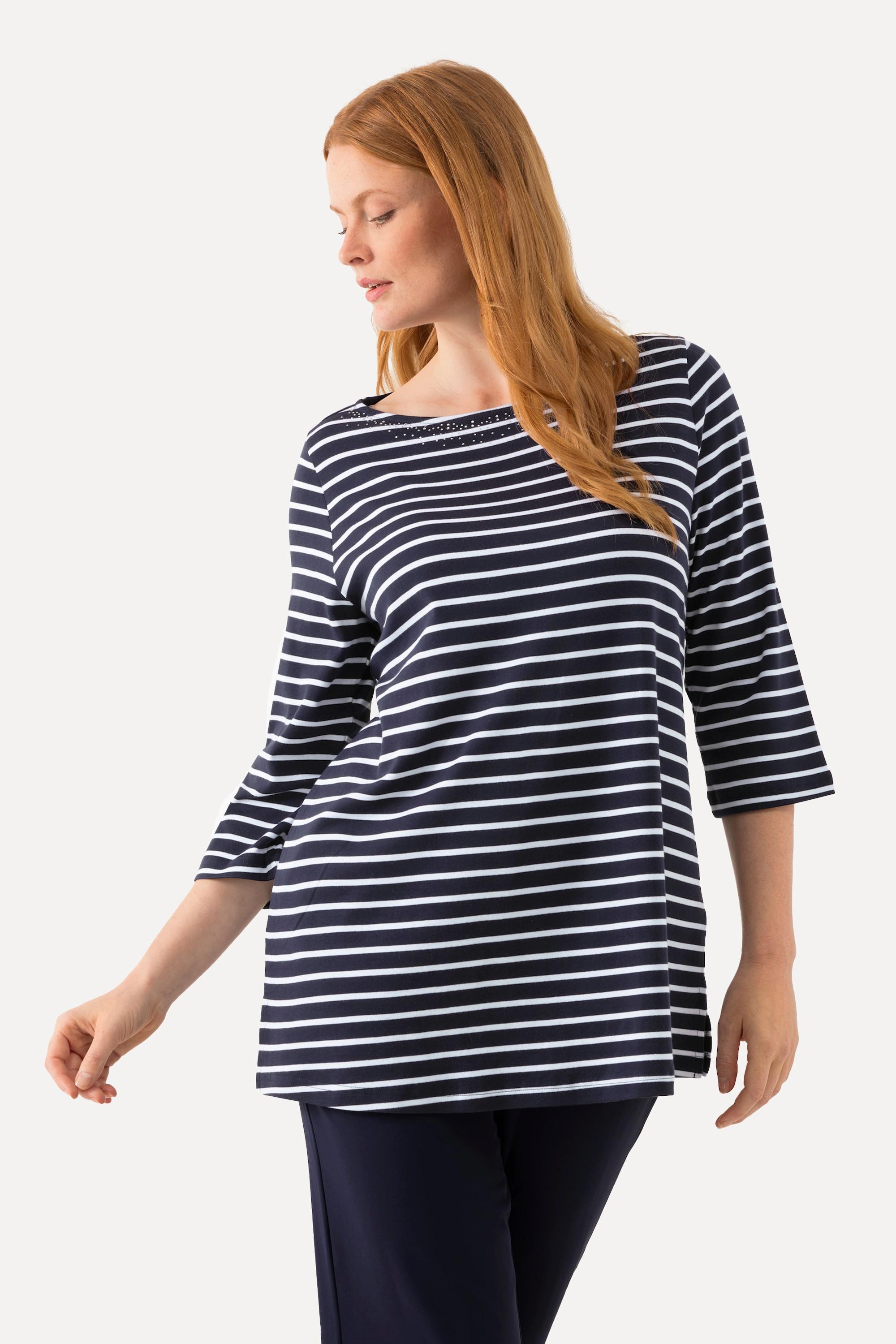 Ulla Popken  T-shirt rayé en coton Pima. Décolleté bateau et manches 3/4. 