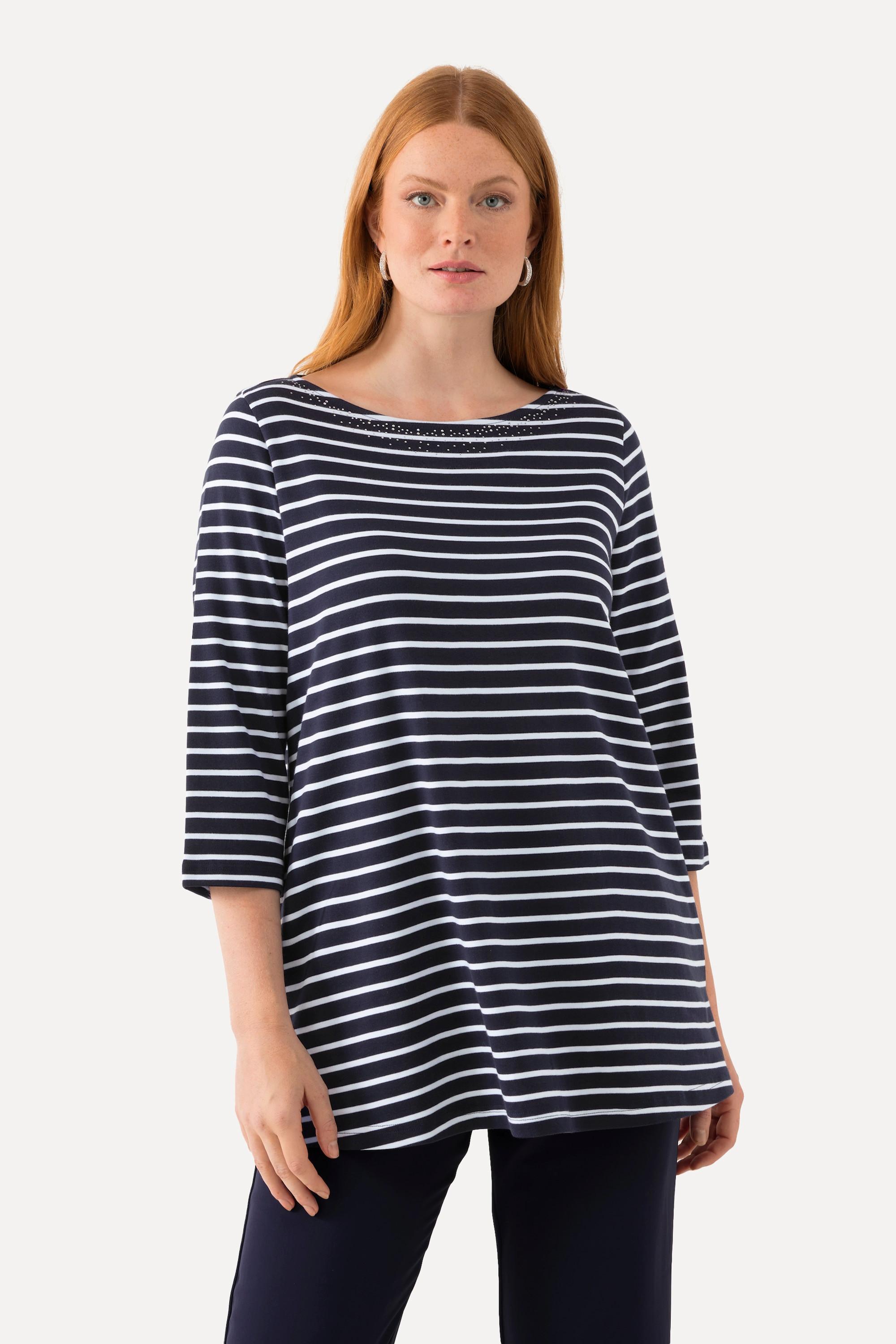 Ulla Popken  T-shirt rayé en coton Pima. Décolleté bateau et manches 3/4. 