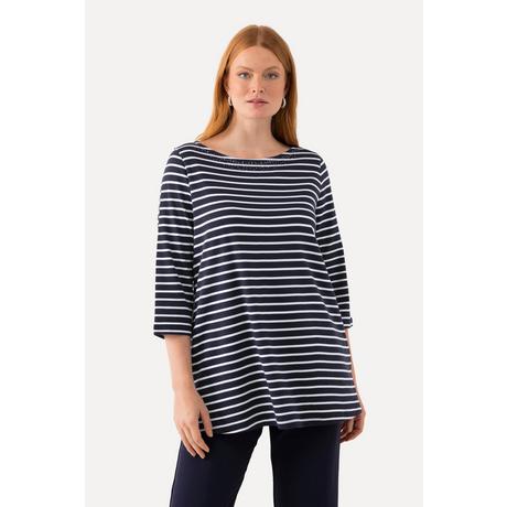 Ulla Popken  T-shirt rayé en coton Pima. Décolleté bateau et manches 3/4. 