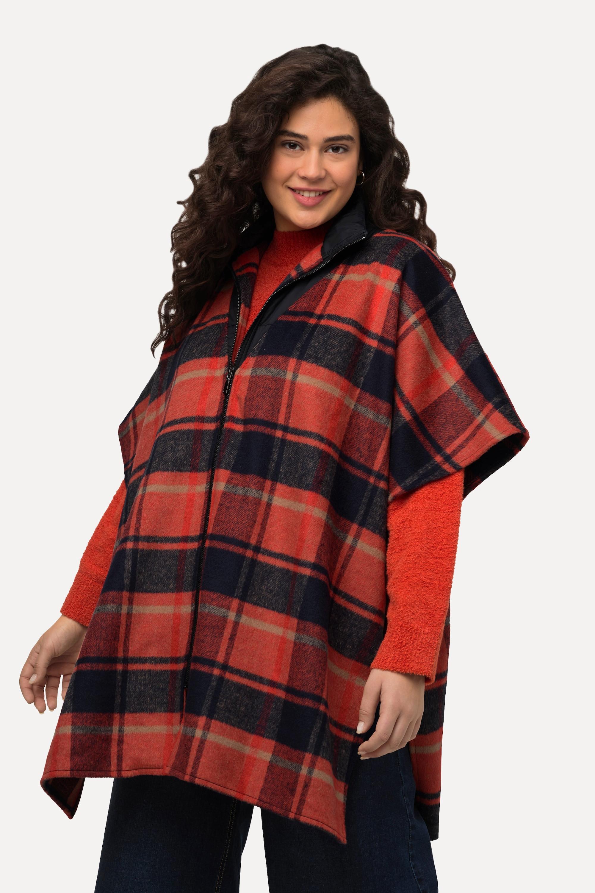 Ulla Popken  Poncho, Karomuster, Troyerkragen, Oversized, Halbarm 