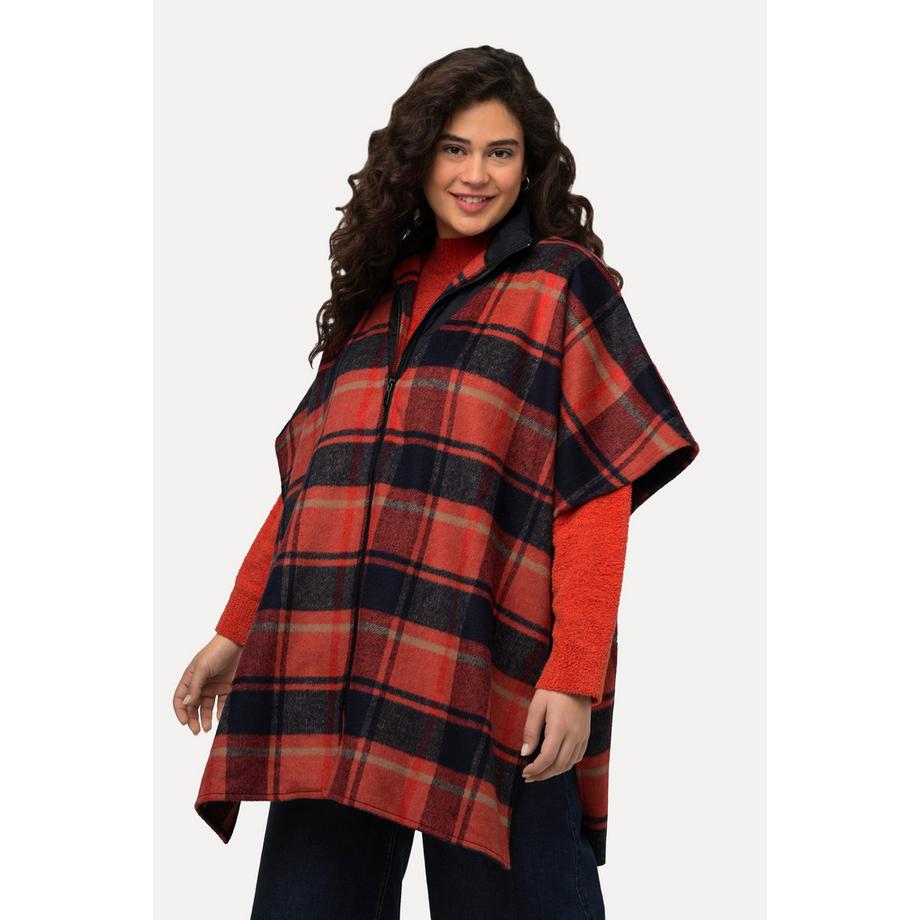 Ulla Popken Poncho Carreaux Oversize Manches Courtes Col Camionneur  