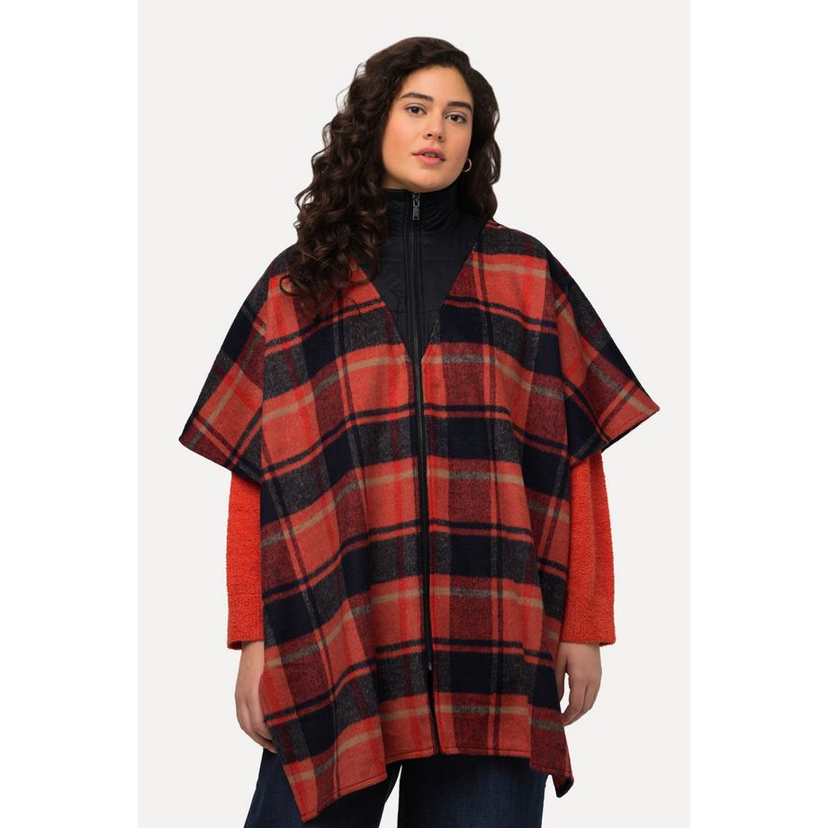 Ulla Popken Poncho Carreaux Oversize Manches Courtes Col Camionneur  