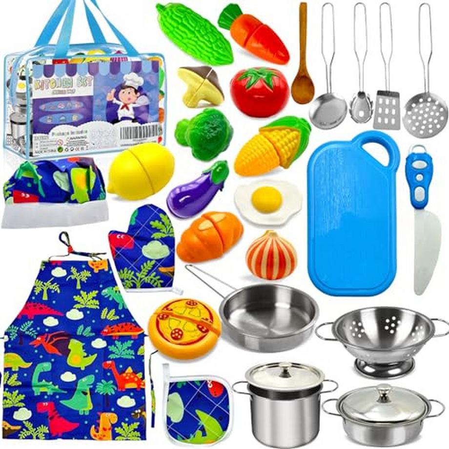 Zubehör für die Kinderküche Küchenspielzeug Zubehör für die Kinderküche Kochset Kochutensilien Pfannenset Schürze und Kochmütze für Gemüse