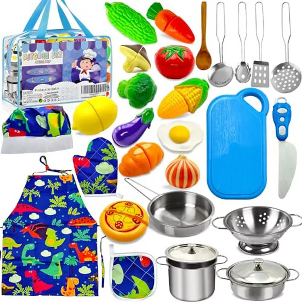 Activity-board - Zubehör für die Kinderküche Küchenspielzeug Zubehör für die Kinderküche Kochset Kochutensilien Pfannenset Schürze und Kochmütze für Gemüse, One Size, Multicolor
